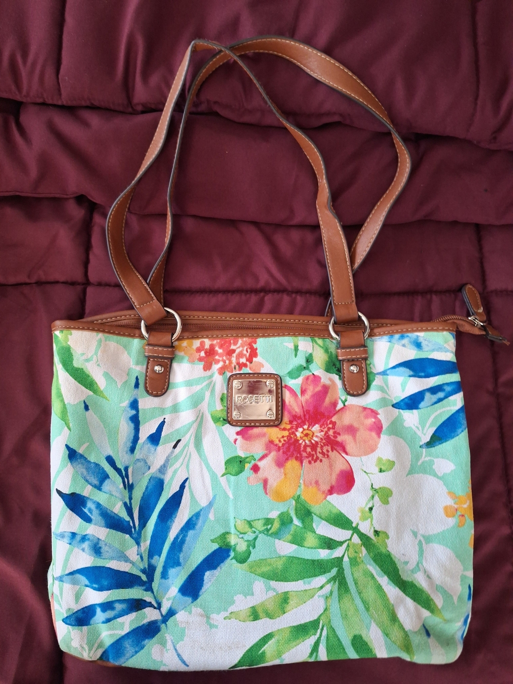 Floral Canvas Tote Bag with Brown Straps